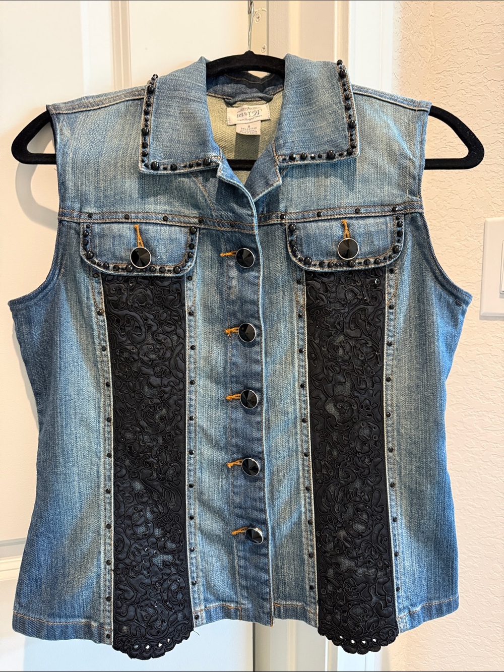 Women’s Blue Denim Vest with Black Lace Panels